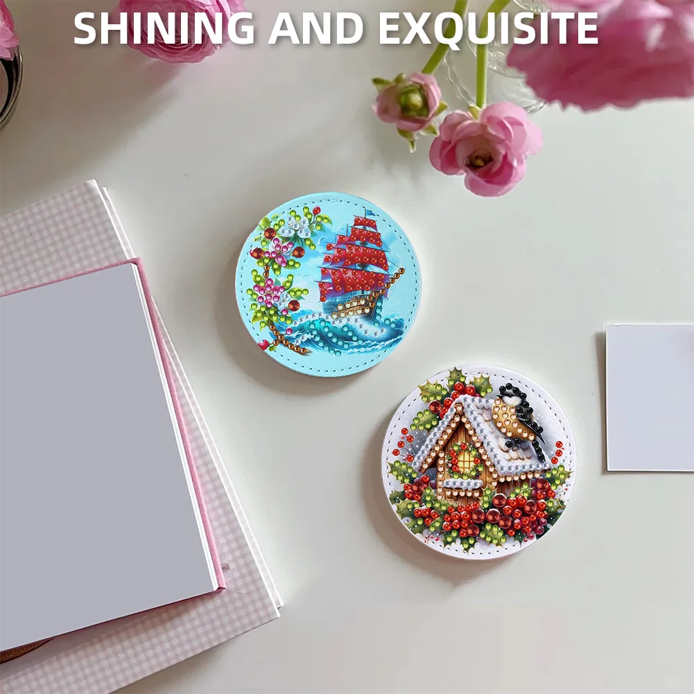 DIY Diamond Art Portable Cosmetic Mirror Diamond Painting Crafts (Sailboat)