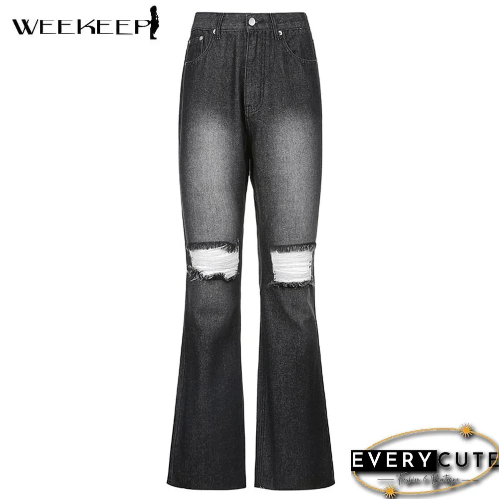 Weekeep Streetwear Heart Holes Cut Out Jeans Women High Waist Slim Long Denim Pencil Pants Summer Vintage Harajuku Blue Trousers