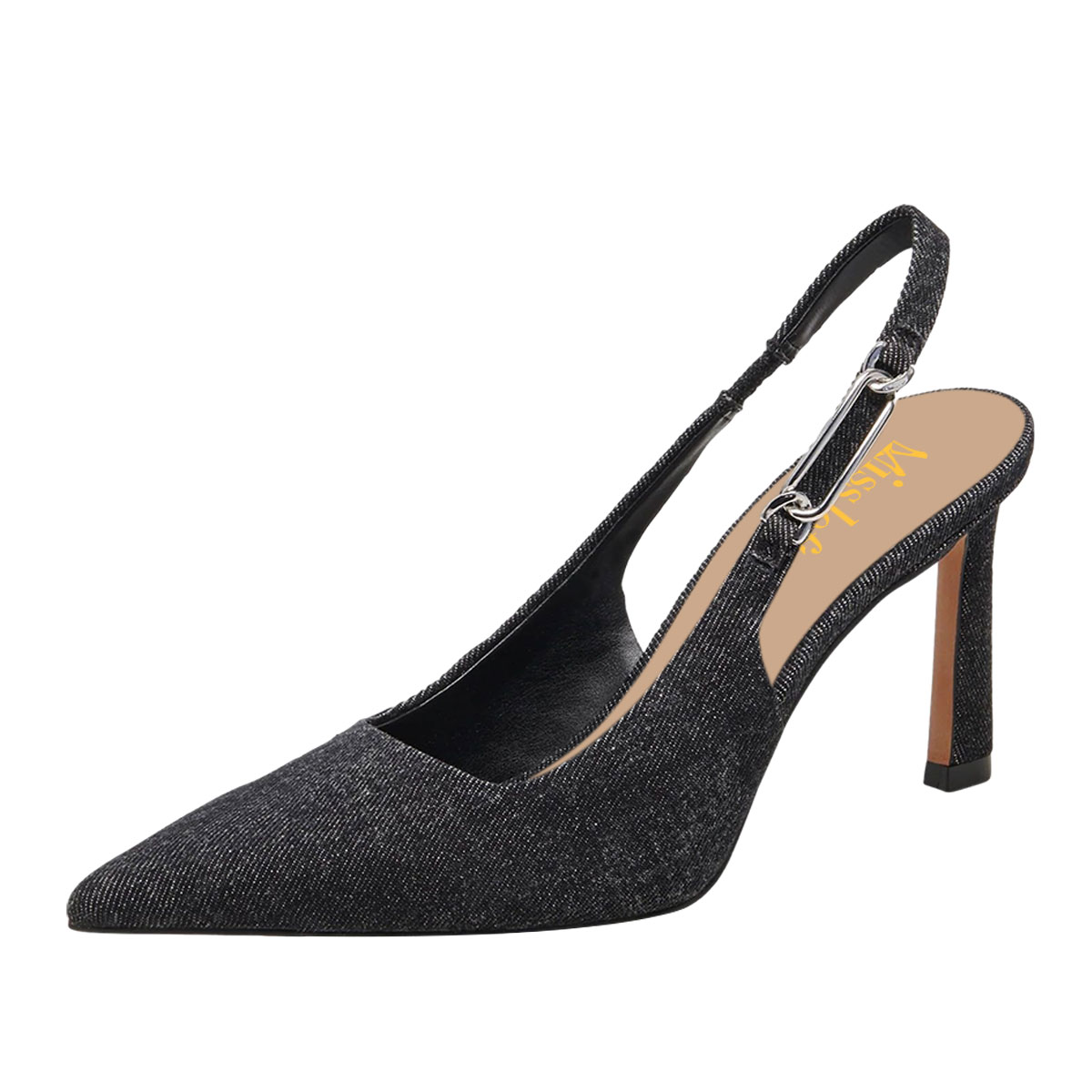 Black Denim Pointed Toe Stiletto Heel Elastic Chain Slingback Shoes Nicepairs
