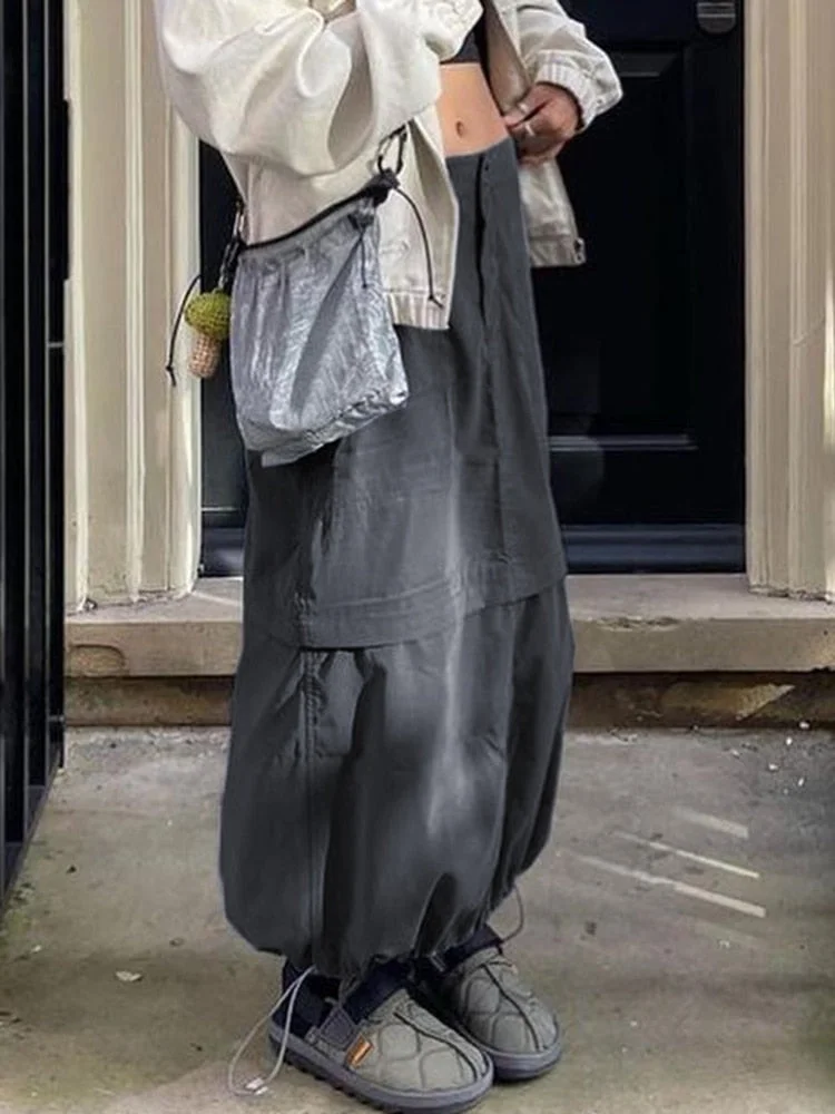 Rapcopter y2k Grey Retro Long Skirts Prepply Baggy Cargo Patchwork Ruched Midi Skirts Women Streetwear Pockets Korean Skirts 90s