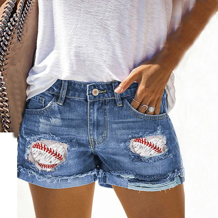 Football Printed Cuffed Ripped Denim Shorts