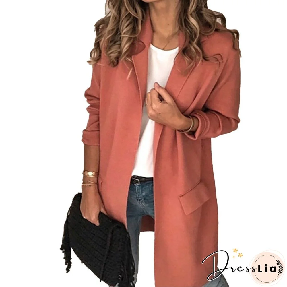 Women Eleagnt Office Lady Blazer Casual Fake Pocket Long Sleeve Long Coat Turn-down Collar Suit Vintage Fashion Winter Jacket