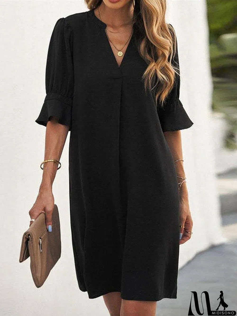MidiSono - Women's Summer Short Sleeve V-neck Solid Color Loose Fashion Dress