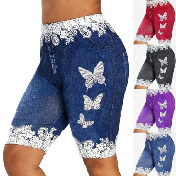 New Arrival Women Fashion Plus Size Skinny Butterfly Print Casual Jeggings Faux Denim Jean Shorts Pants