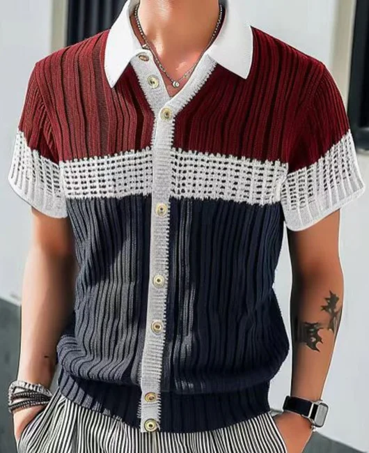 Casual Colorblock Single Breasted Knitted Polo Shirt 
