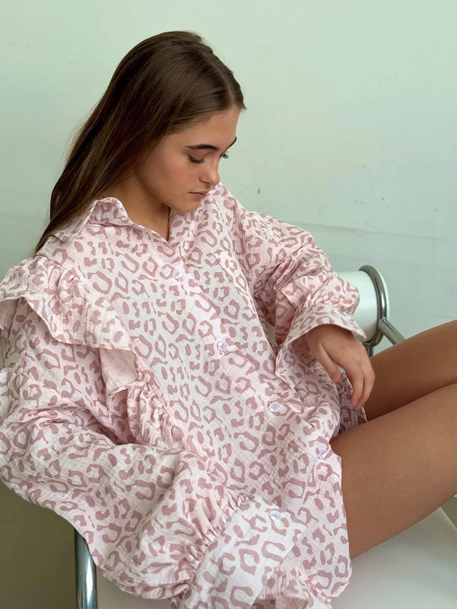 Churchf Churchf Set Heart-Shaped Print Stitching Wood Ear Long Sleeve Shirt Shorts Set Pure Cotton Set