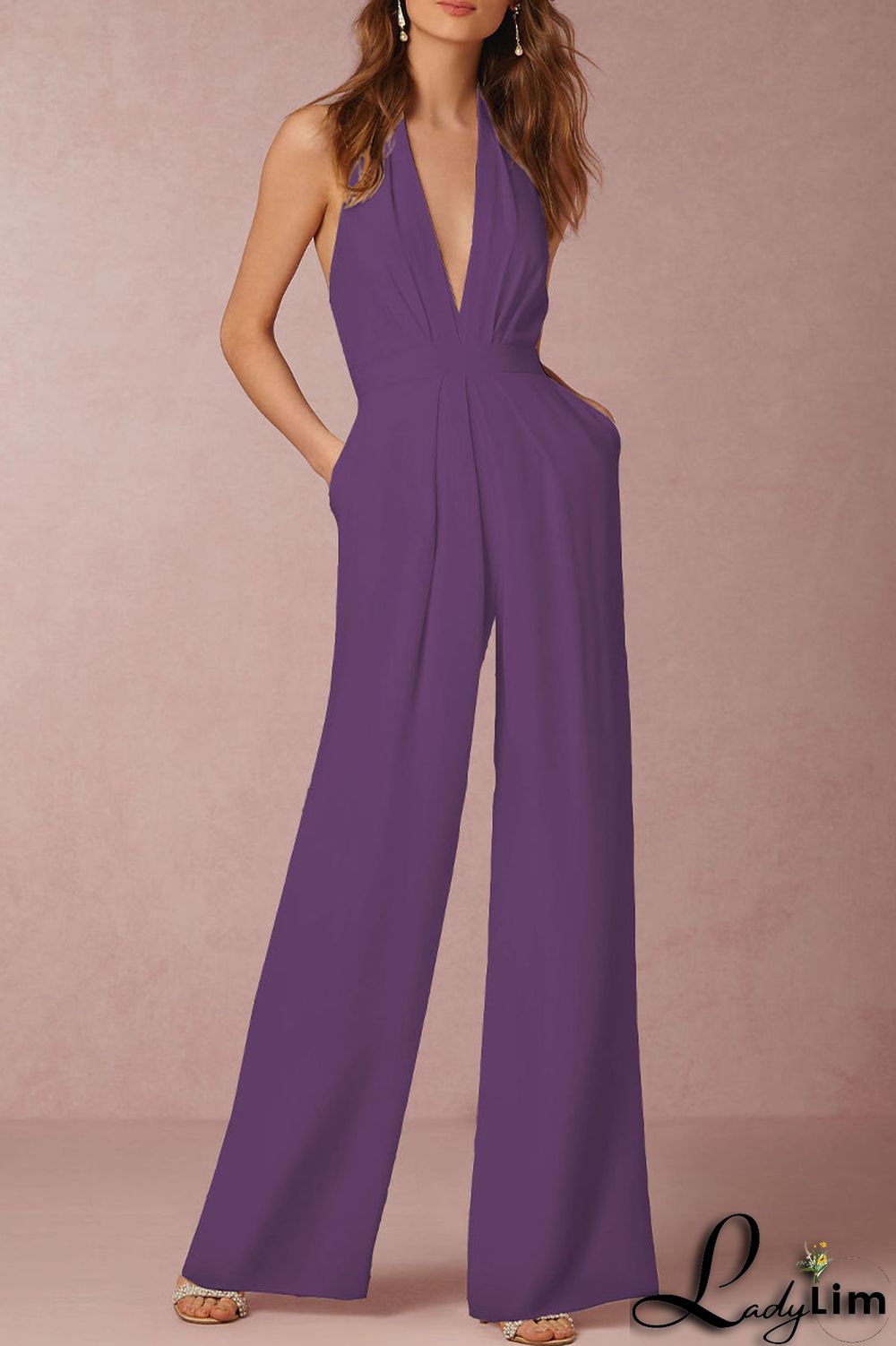 Sexy Elegant Solid Backless Fold V Neck Regular Jumpsuits(12 Colors)