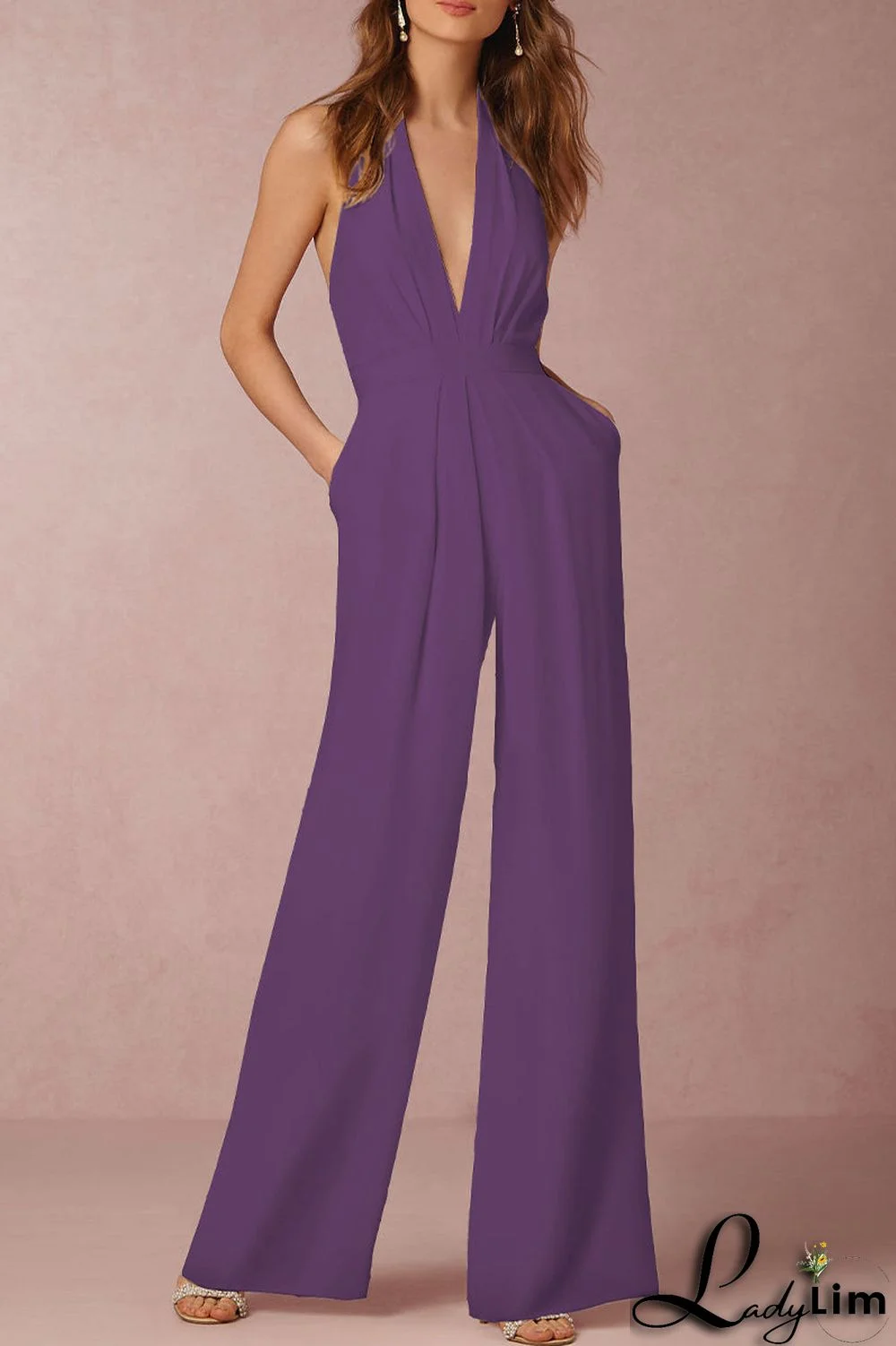 Sexy Elegant Solid Backless Fold V Neck Regular Jumpsuits(12 Colors)