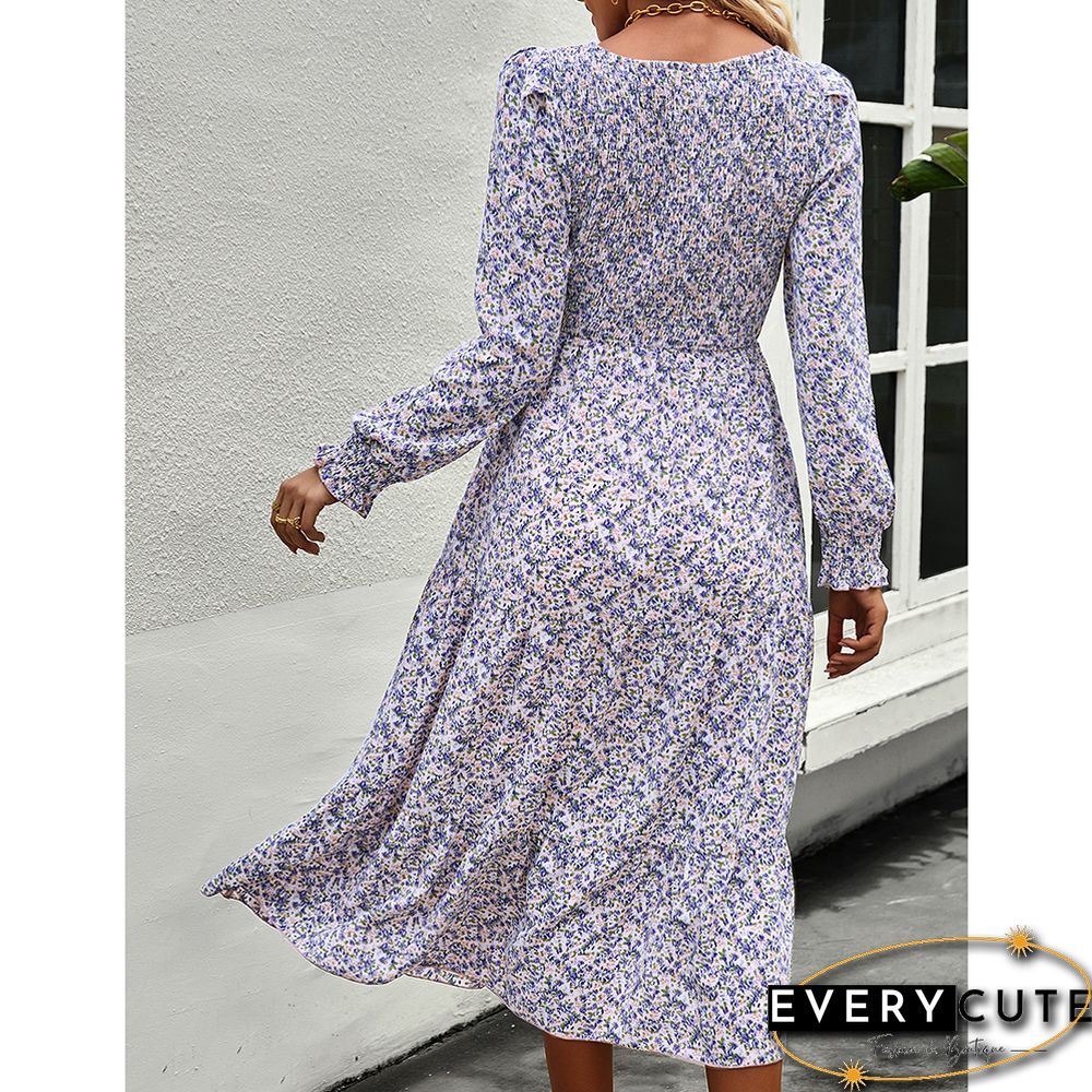 Purple Long Sleeve Pleated Midi Floral Dress