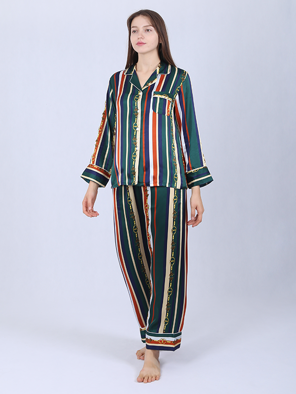 Vintage Printed Stripe Silk Pajama Set