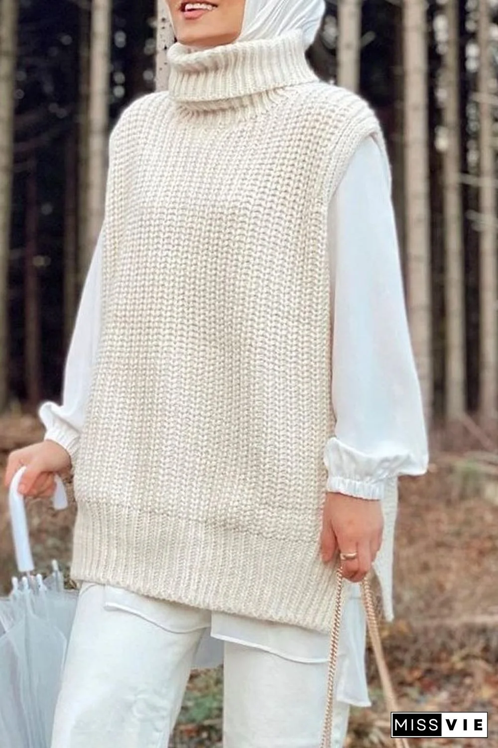 Turndown Collar Sleeveless Casual Sweater