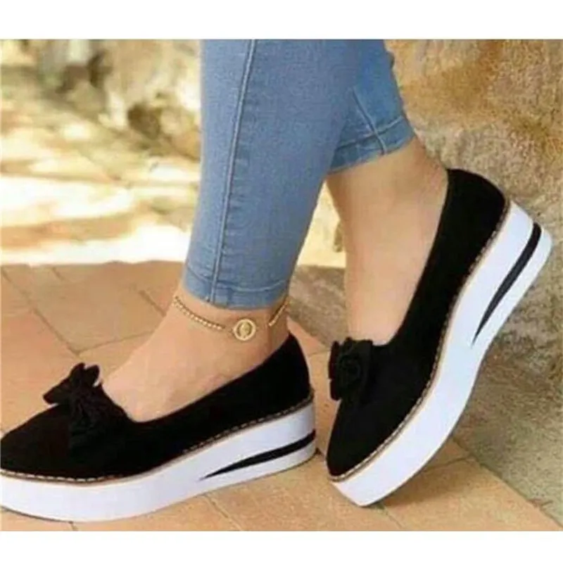 Women Bowtie Platform Flat Loafer Summer Shoes Ladies Slip On Cover Heel Shoes Female Sewing Woman Fashion Footwear Plus Size