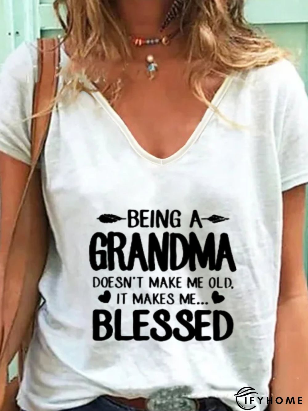 Casual Short Sleeve V Neck Plus Size Printed Tops T-shirts | IFYHOME