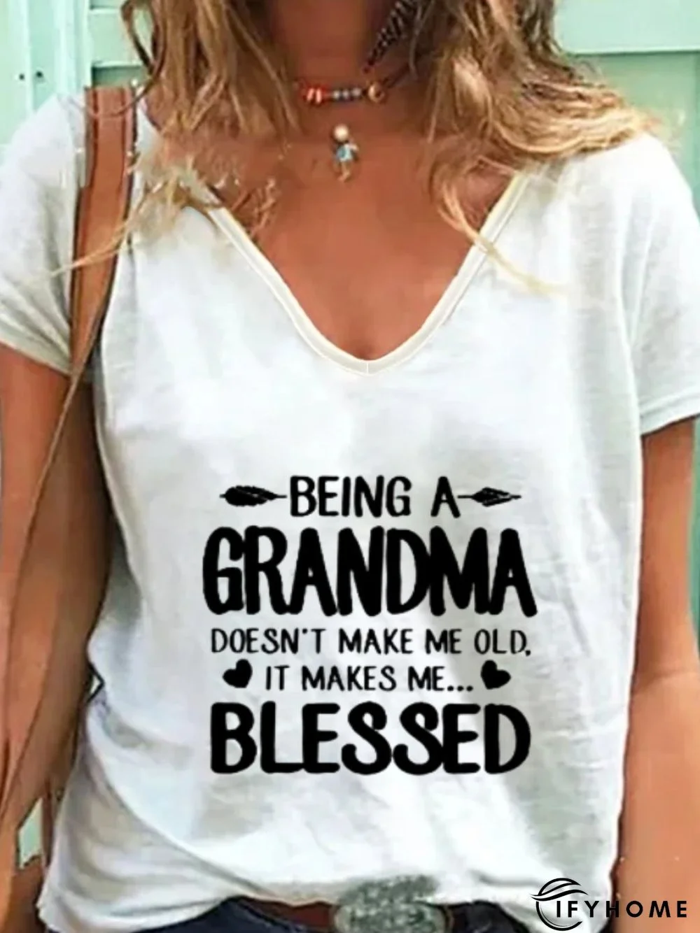 Casual Short Sleeve V Neck Plus Size Printed Tops T-shirts | IFYHOME