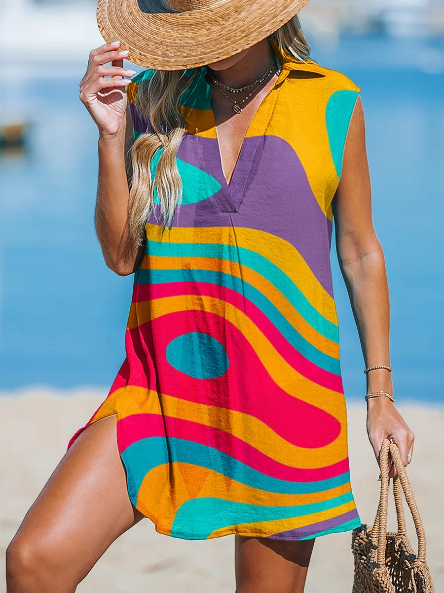 Color Water Ripples Women's Print Casual Cotton And Linen 3/4 Sleeve Shirt