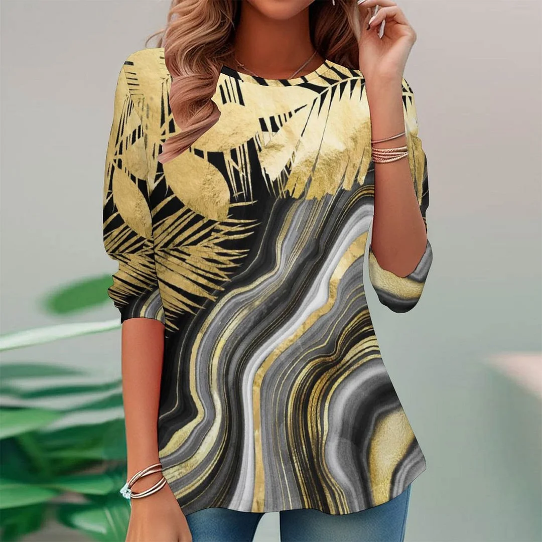 Full Printed Long Sleeve Plus Size Tunic for  Women Pattern Floral,Black,Yellow