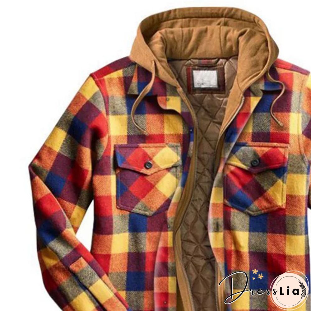 Men's Casual Plaid Color Plaid Jacket Hooded Fake Two Coats
