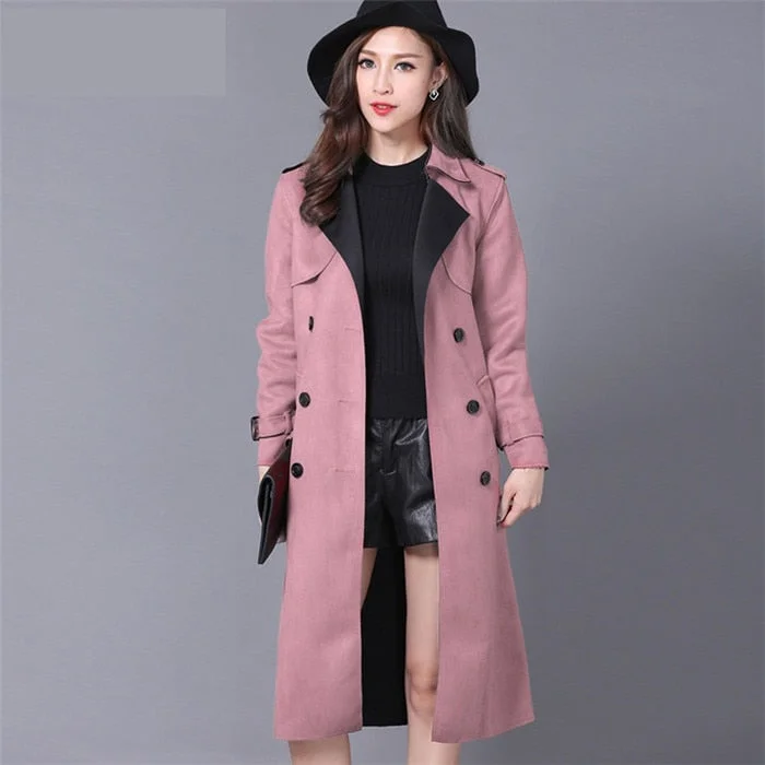 Fashion Buckskin Suede Trench Coat Women Spring Autumn Long Coat Plus size S-6XL Windbreaker Female Double-breasted Trench A2841