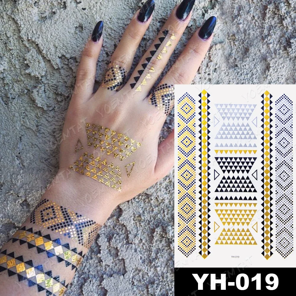 Waterproof Temporary Tattoo Sticker Gold Silver Henna Indian Hand Painted Glitter Tattoos Women Mandala Flower Feather Body Art