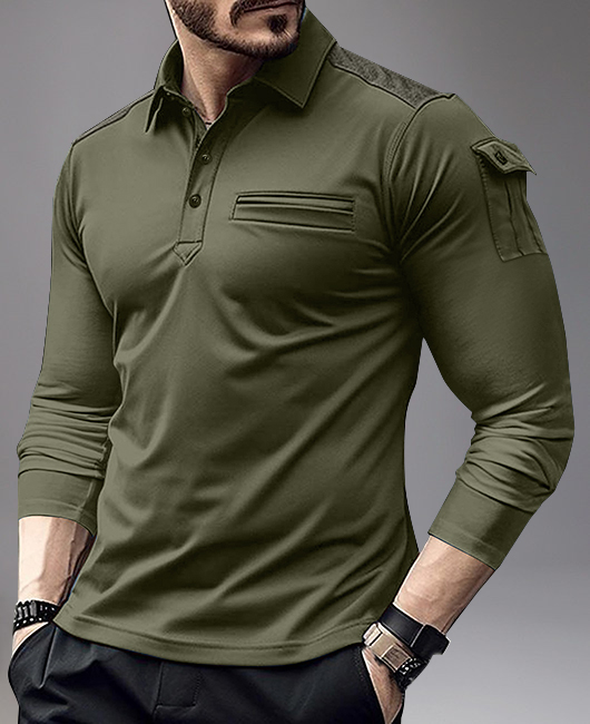 Casual Half Button Arm Pocket Long Sleeve Polo Shirt