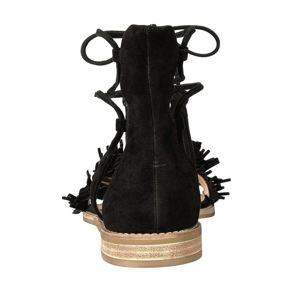 Black Vegan Suede Fringes Open Round Toe Flat Sandals for Women