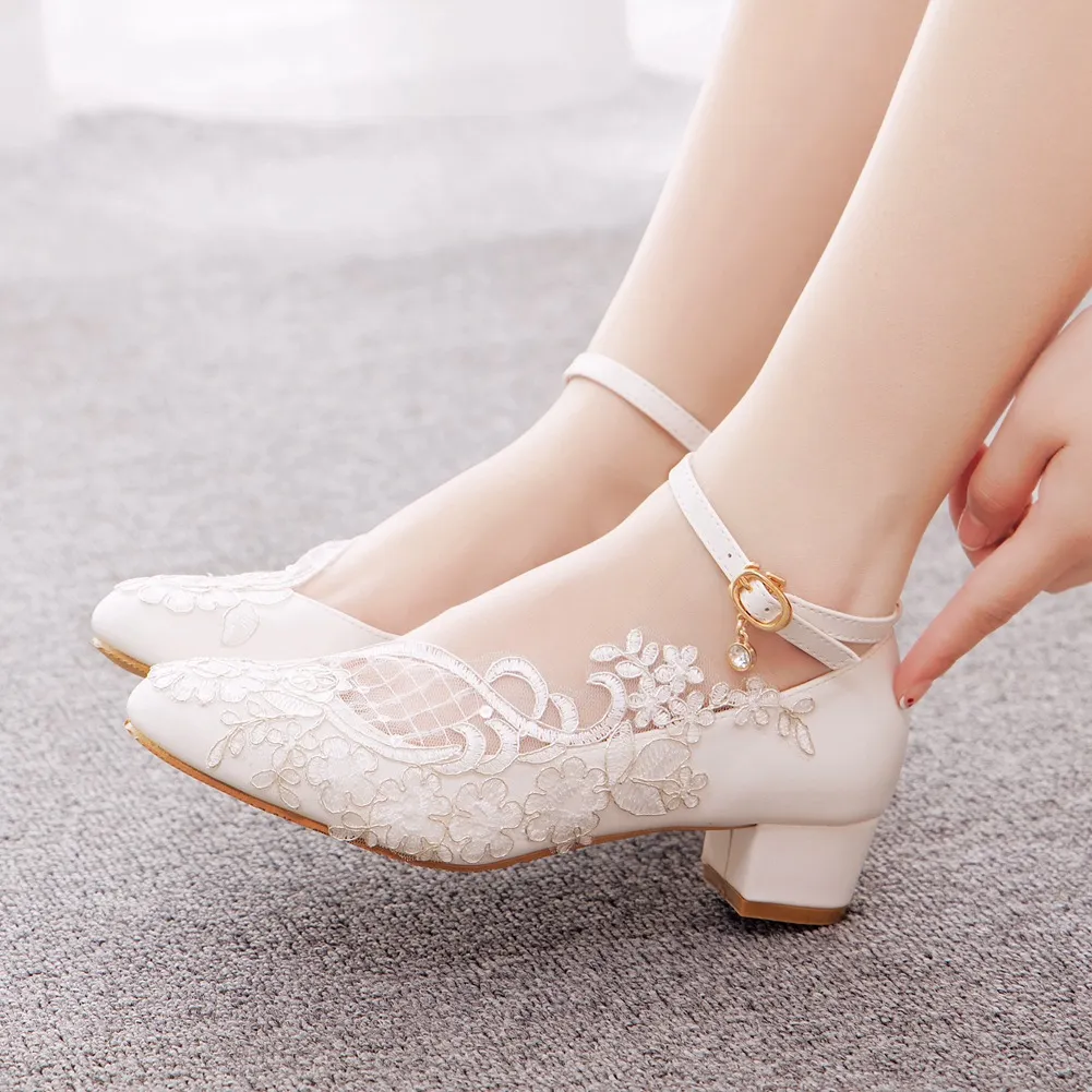 Breakj Breakj 3 Cm Square-Shaped Round-Headed Single-Shoe Wrist Strap Single Shoe Spring And Autumn Lace Wedding Shoes Women's Small White Shoes