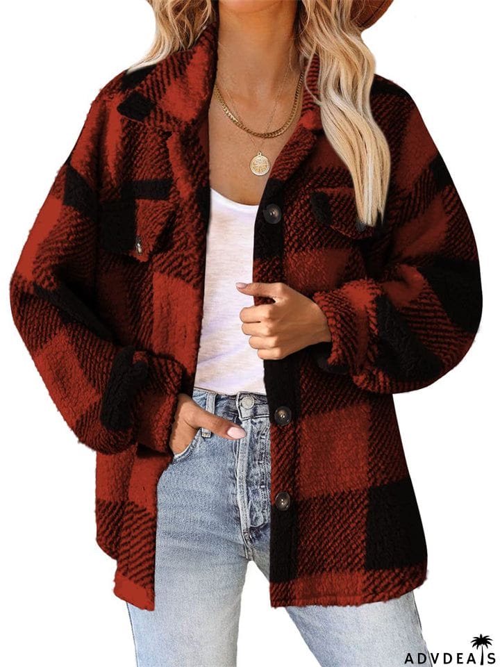 Female Casual Thermal Lapel Button Plaid Cashmere Coat