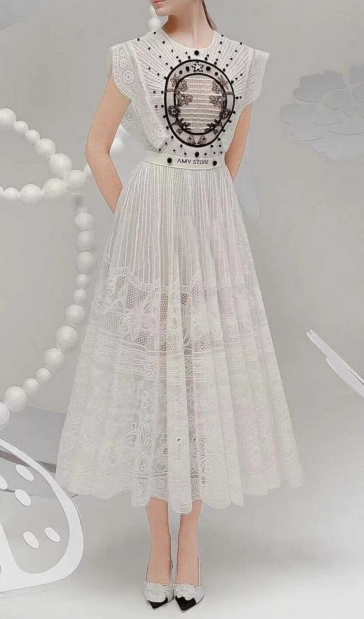 WHITE EMBROIDERY MIDI DRESS