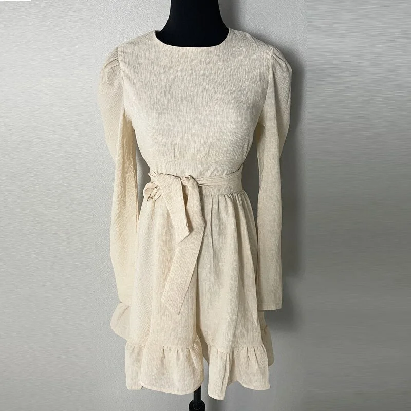 Toppies 2021 Puff Sleeve Mini Dress for Woman Long Sleeve Belt Mini Dress Ruffle Hem Back Zipper