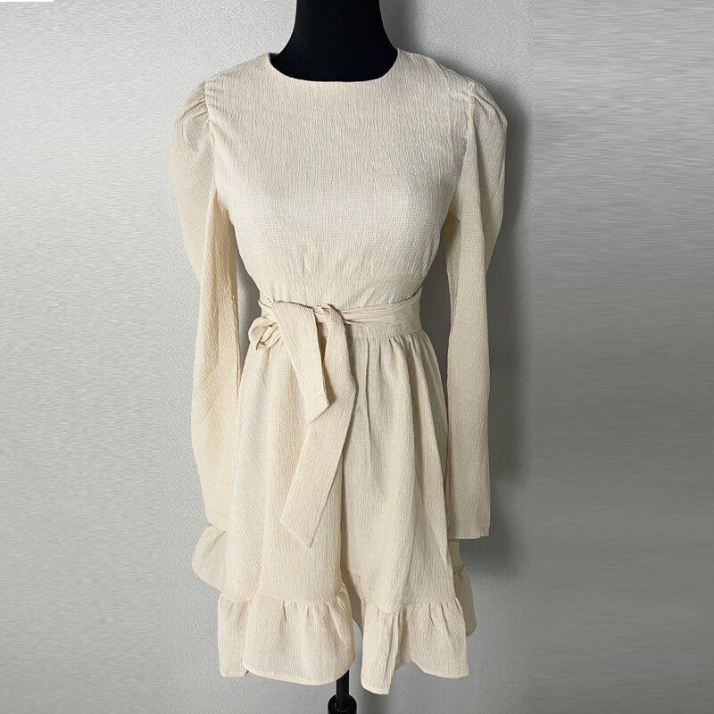 Toppies 2021 Puff Sleeve Mini Dress for Woman Long Sleeve Belt Mini Dress Ruffle Hem Back Zipper