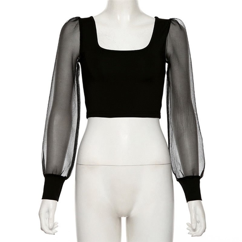 OL Women Blouses Mesh See Through Puff Long Sleeve Crop Tops Office Lady Shirts Square Collar Tops Black White Tops Ropa Mujer