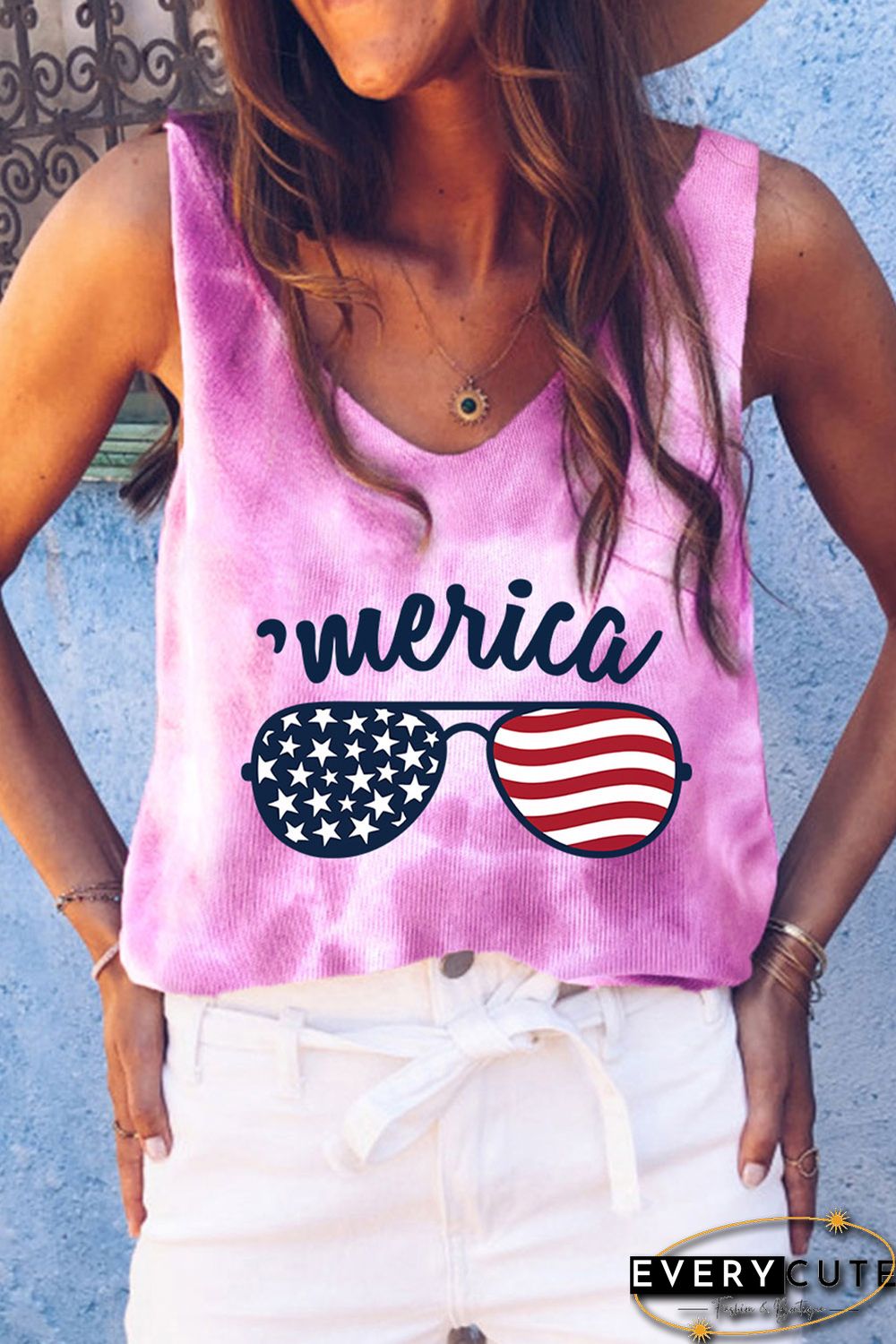 Pink America Flag Sunglasses Tie Dye Print V Neck Tank Top