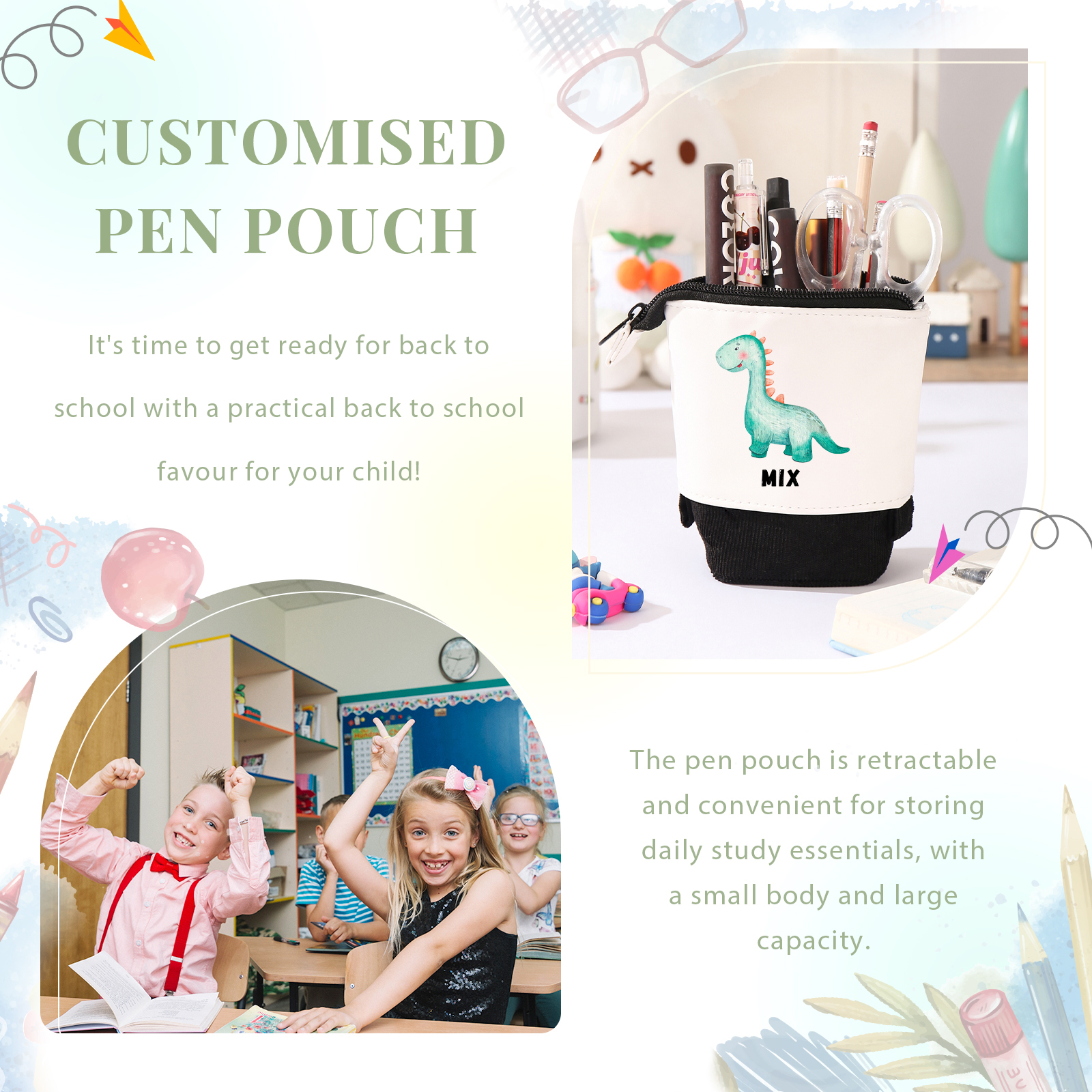 Astuccio per matite personalizzato con 1 nome e 1 dinosauro regalo per scuola elementare bambini