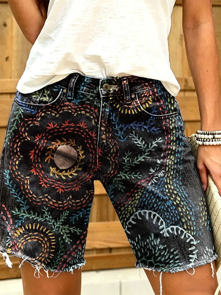 Women's Vintage Floral Print Denim Shorts