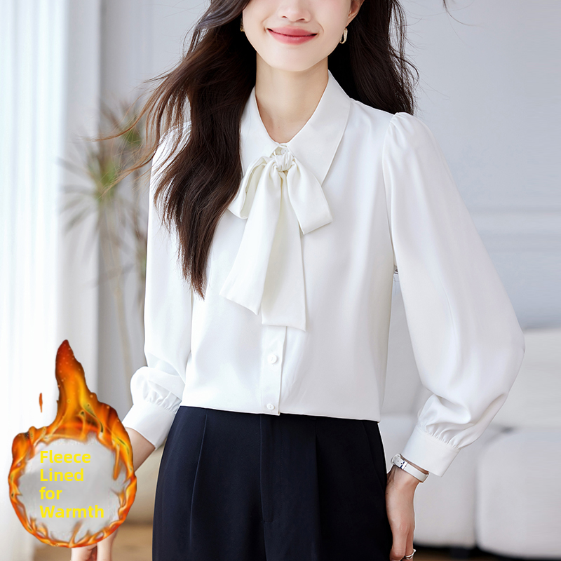 Teepublicz Thickened Fleece Long Sleeve Chiffon  Knot Shirt Women's Winter Professional Formal Commute Interview Set Straight Tube