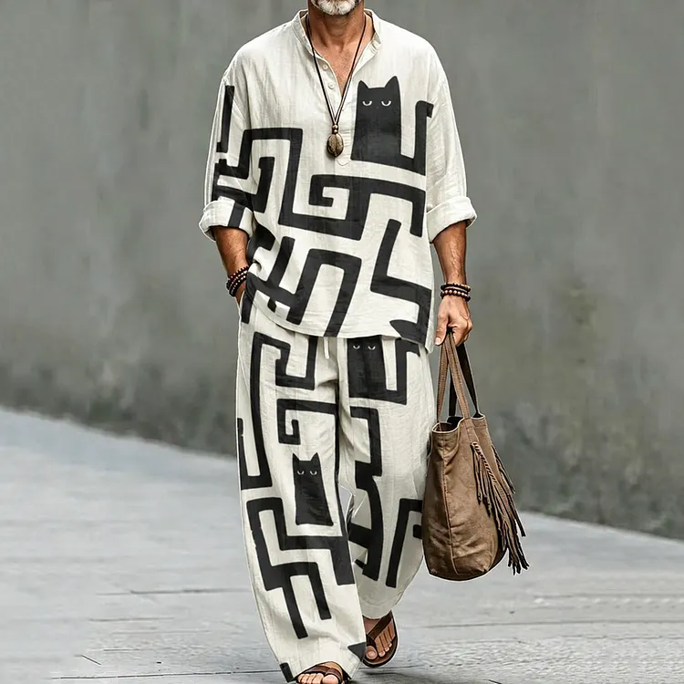 Men's Vintage Geometric Cat Art Print Shirt And Pants Two Piece Set