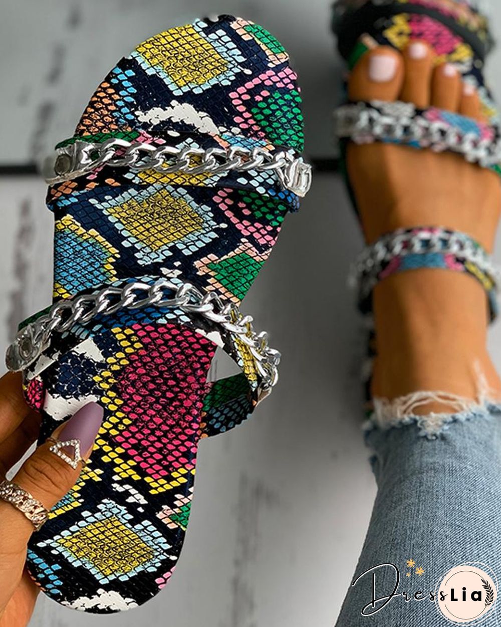 Snakeskin Chain Decor Double Strap Slippers