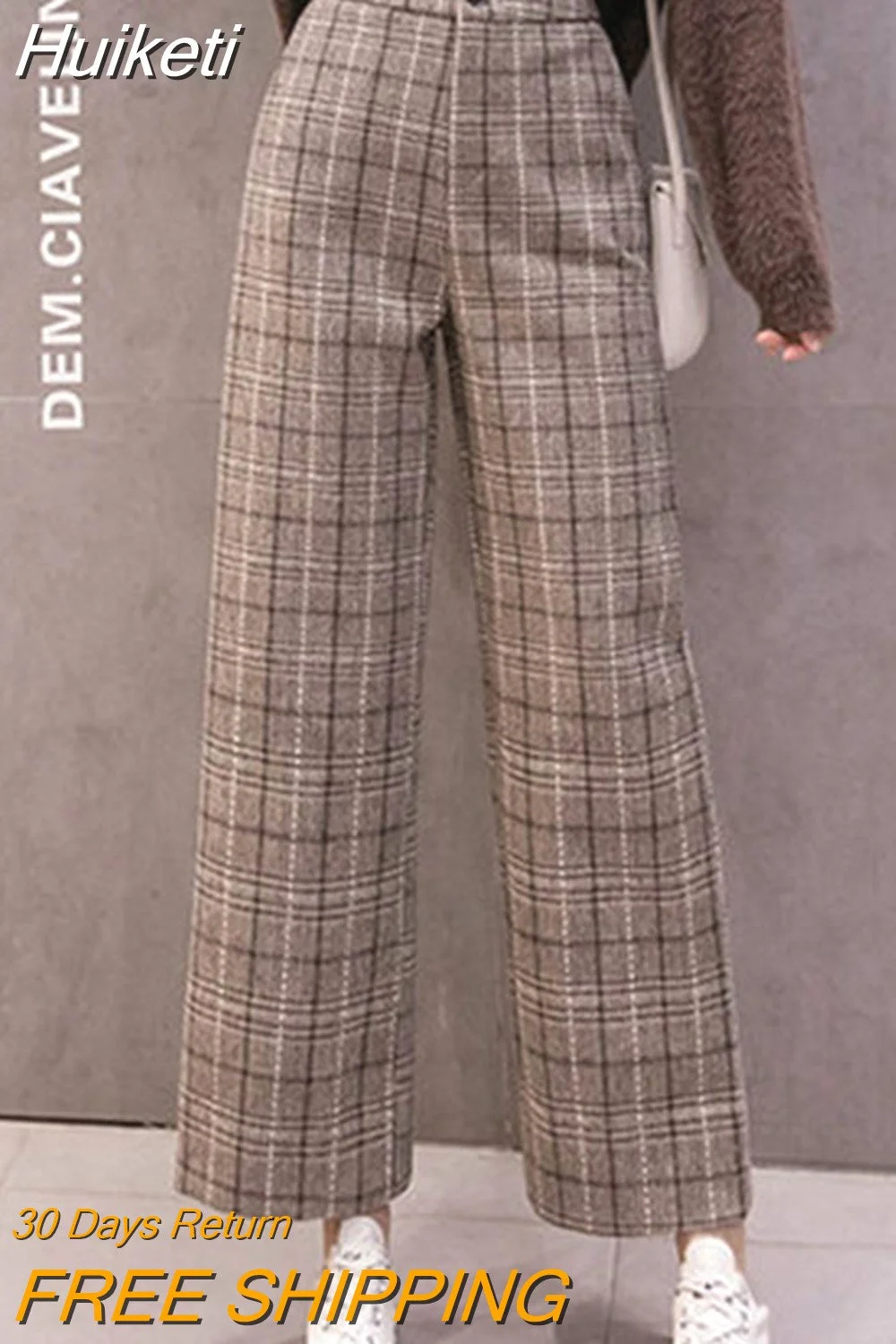 Huiketi Classic Plaid Tweed Pants Women Vintage Wool Straight Elastic Waist Trousers Fashion Casual Fall Office Lady Pants