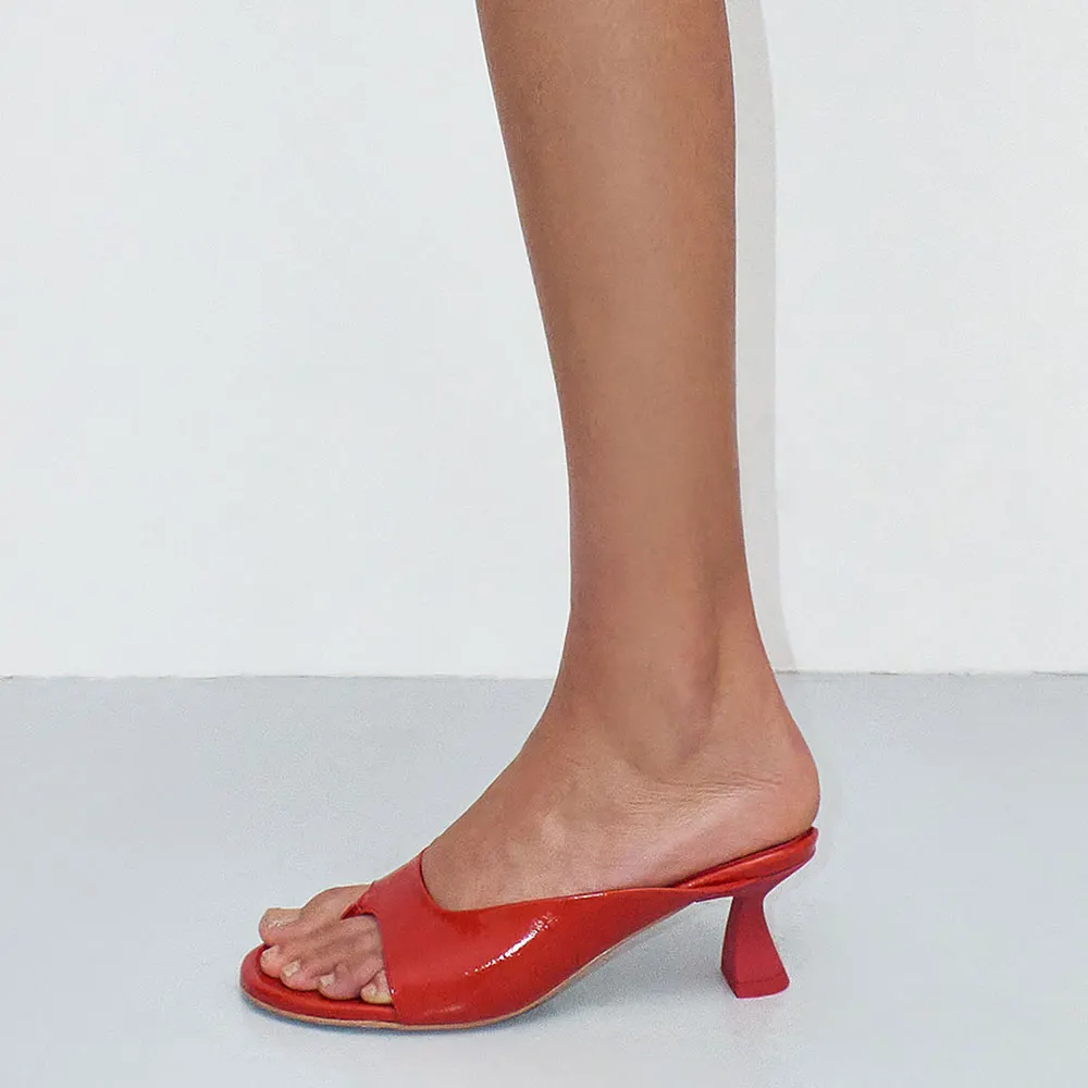 Red Faux Leather Round Toe Slip On Flip Flops Heeled Mules