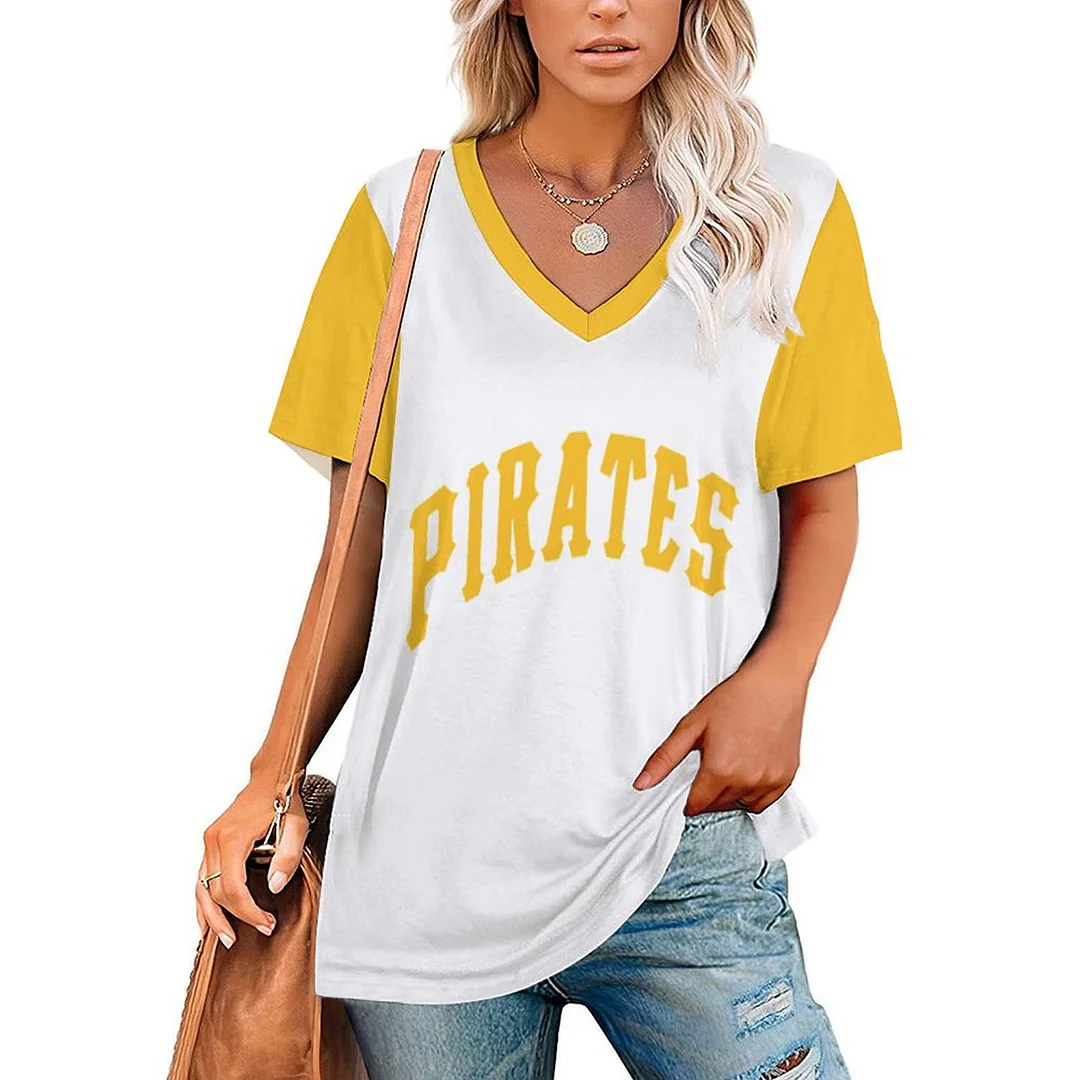 V-neck Short Sleeve Casual T-shirt for  Women Printed with Pattern,Yellow,White,Black