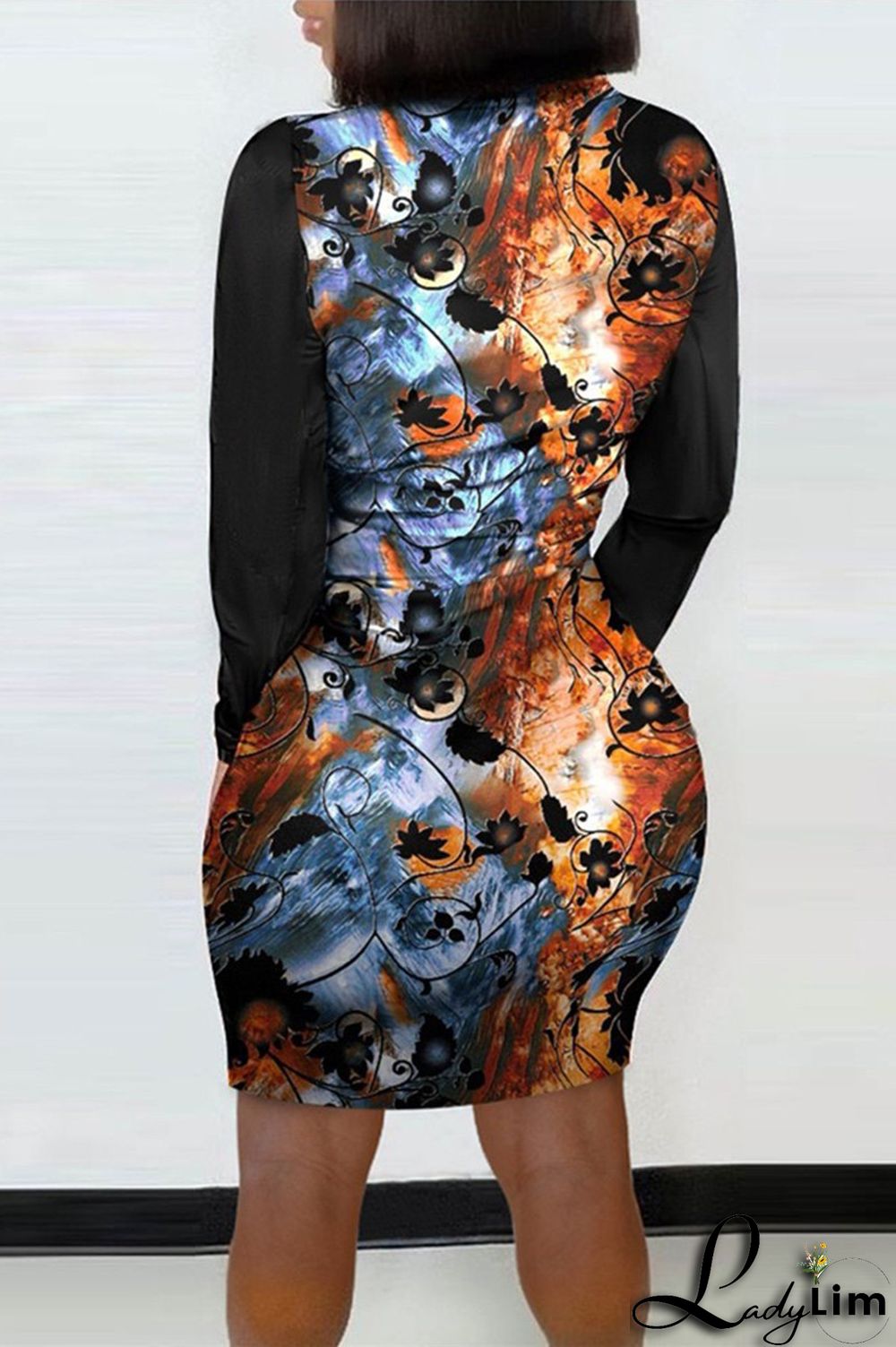 Multicolor Fashion Casual Print Split Joint Slit O Neck Long Sleeve Dresses