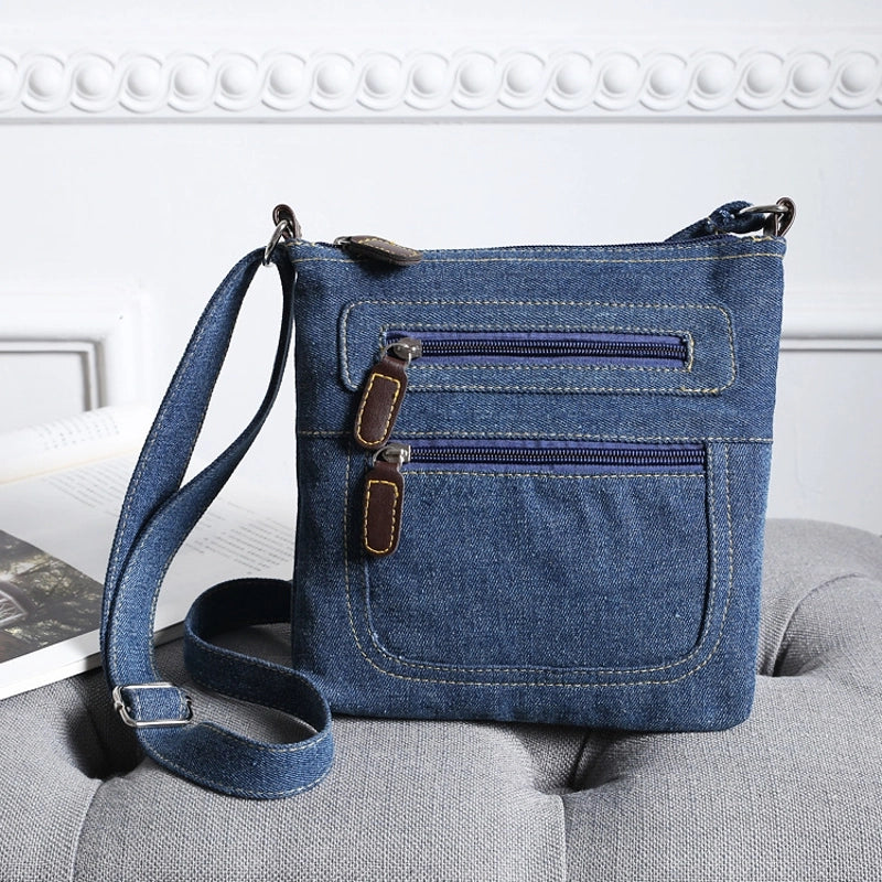 Denim Bag New Casual Women's Bag Solid Color Multi-zipper Multi-pocket Small Square Denim Bag