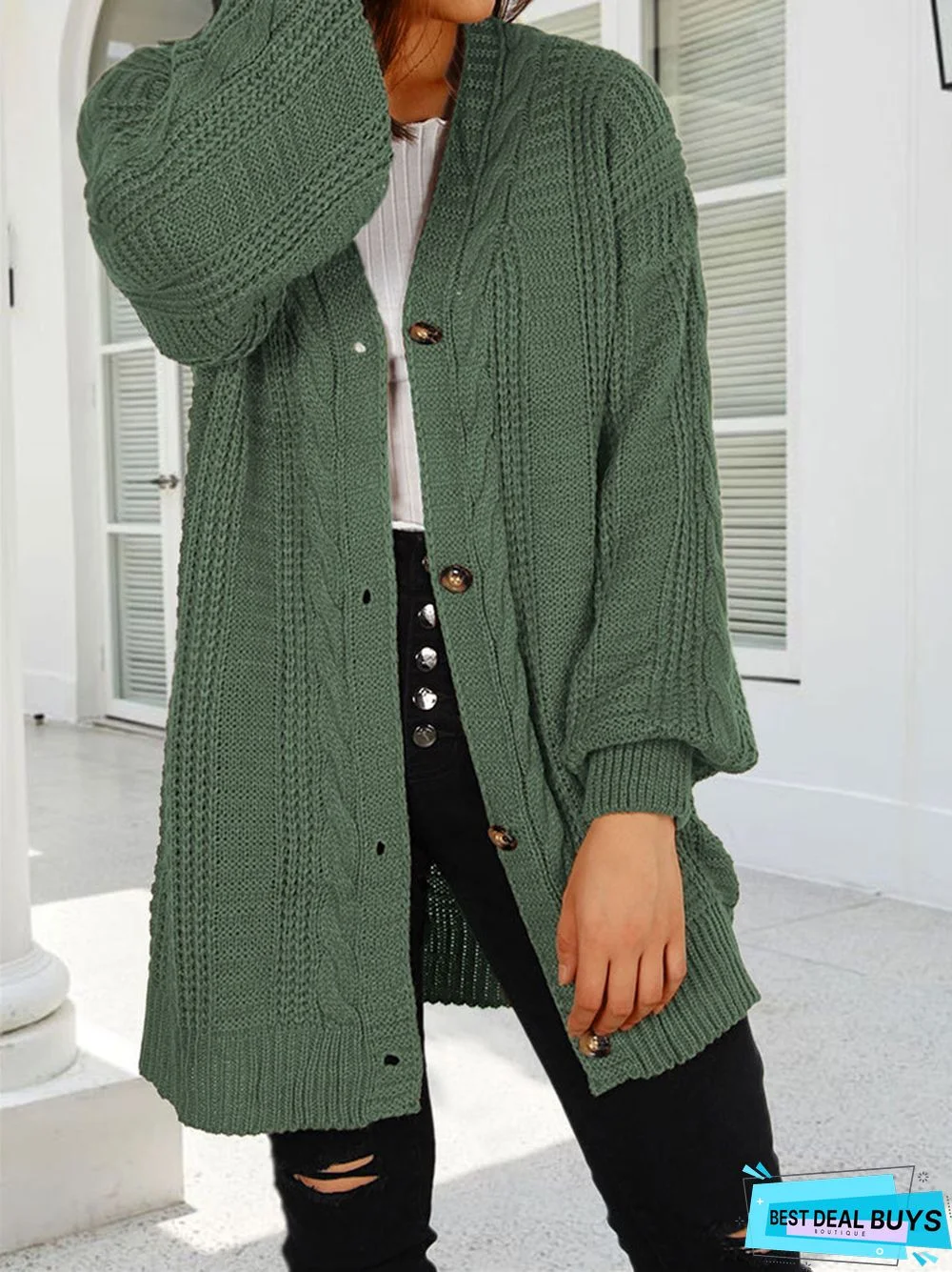 Solid Color V-Neck Lantern Sleeve Cardigan Sweater