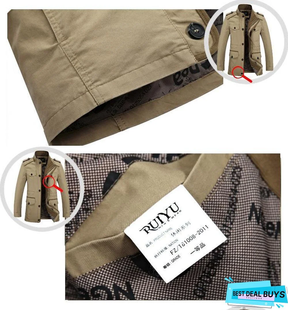 Mens Fashion Brand Casual Jacket Stand Collar Fat Slim Washed Cotton Long Jacket Coat Outwear