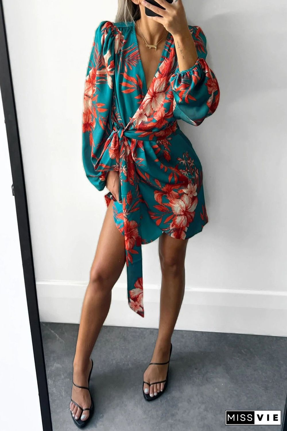 Fashion Print Patchwork V Neck Waist Skirt Dresses