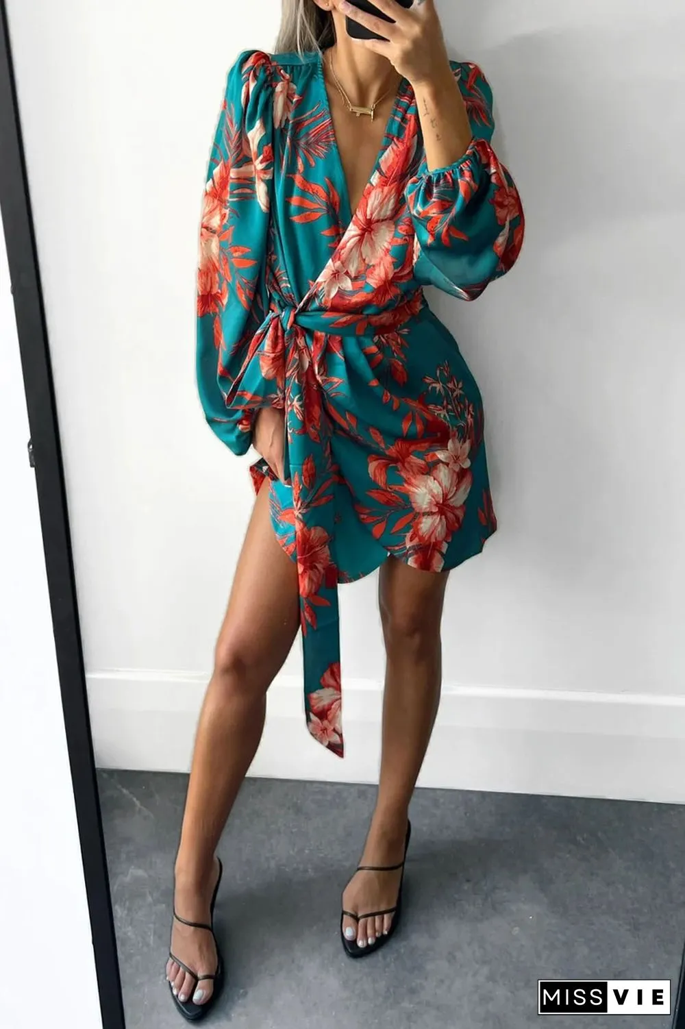 Fashion Print Patchwork V Neck Waist Skirt Dresses