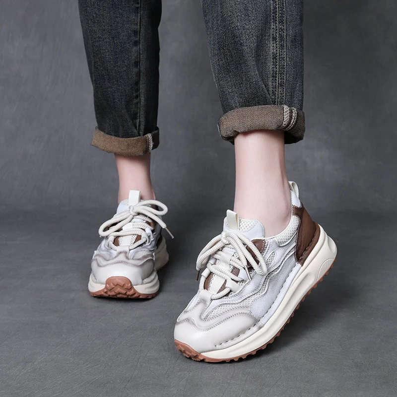 Yyvonne Layer Cowhedry Breathable Mesh Color Old Dad Shoes Women In Spring 2025 New Thick-Bottomed Sports Leisure Single Shoes