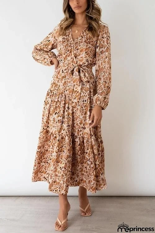 Print Belted Long Sleeve Maxi Dress