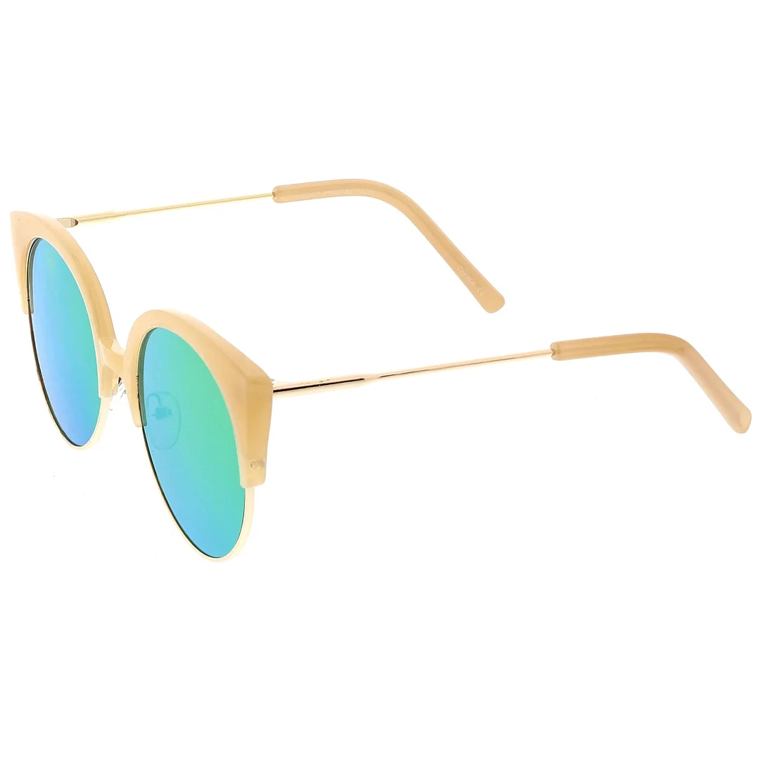 Women's Half Frame Cat Eye glasses Ultra Slim Arms Mirrored Round Flat Lens 53mm