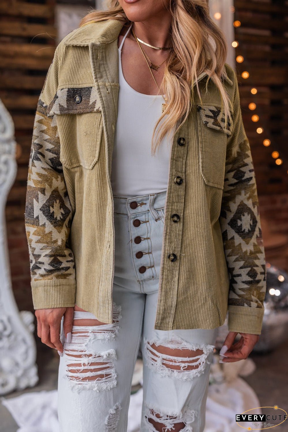 Khaki Aztec Print Patchwork Frayed Edge Corduroy Jacket